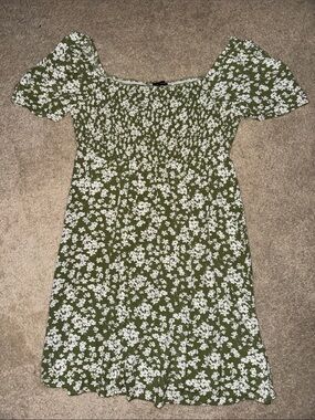 Olive Green Floral Mini Dress with Square Neck